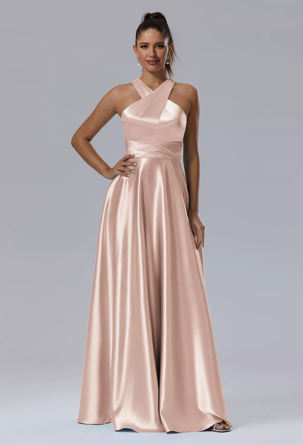 green emerald velvet dress Berylove Women Chiffon Apricot Bridesmaid Dress with Slit A Line Spaghetti Straps Plus Size Wedding Guest Dress, Apricot / US18W main image 0