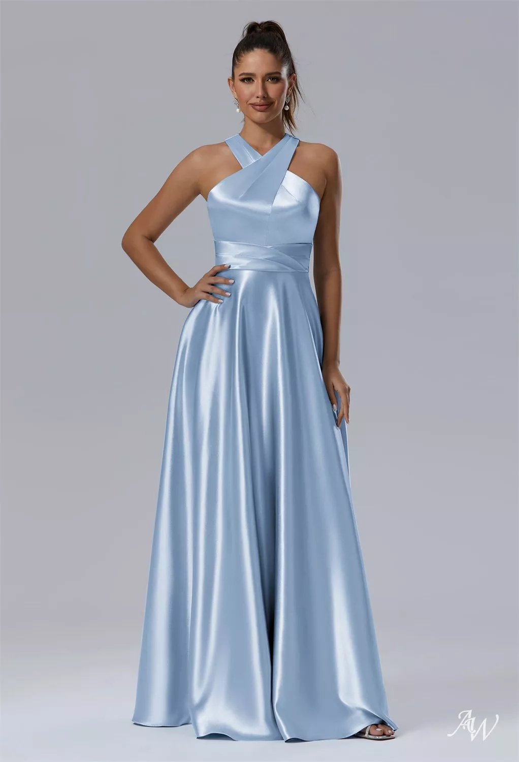 AW Kimberley Crystal Satin Baby Blue Bridesmaid Dresses | AW.Bridal