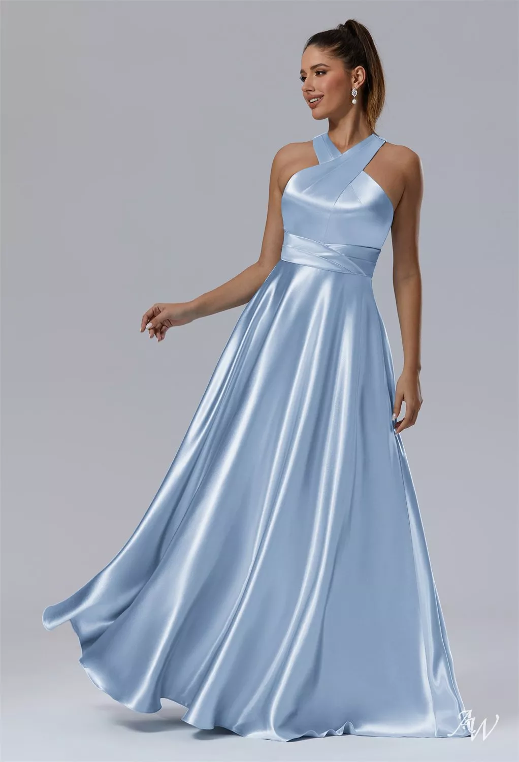 AW Kimberley Crystal Satin Baby Blue Bridesmaid Dresses | AW.Bridal
