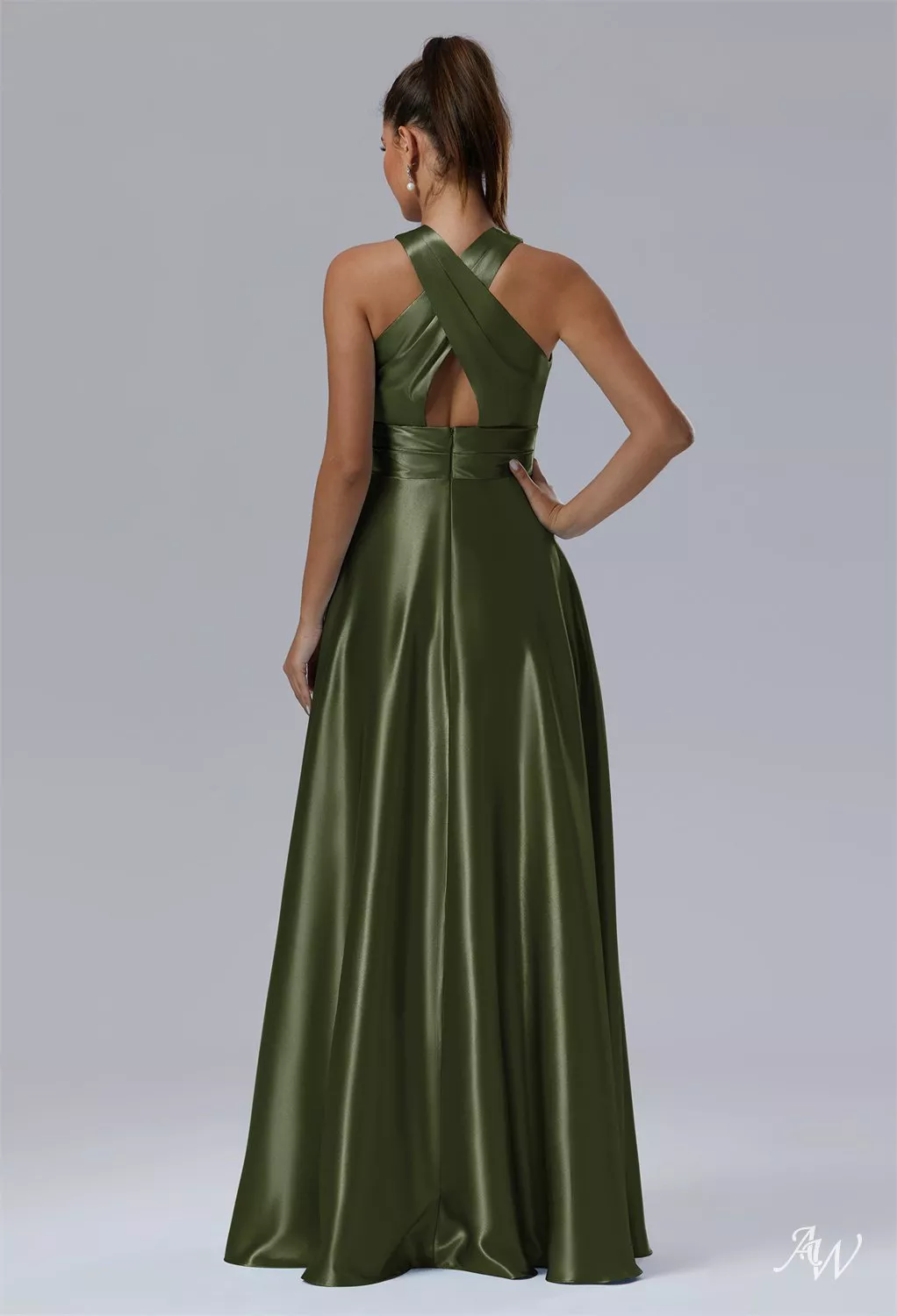 silky olive green dress Olive Green Satin Pleated Backless Maxi Dress | Womens | Medium | 100% Polyester | Lulus | Homecoming | Holiday Dresses