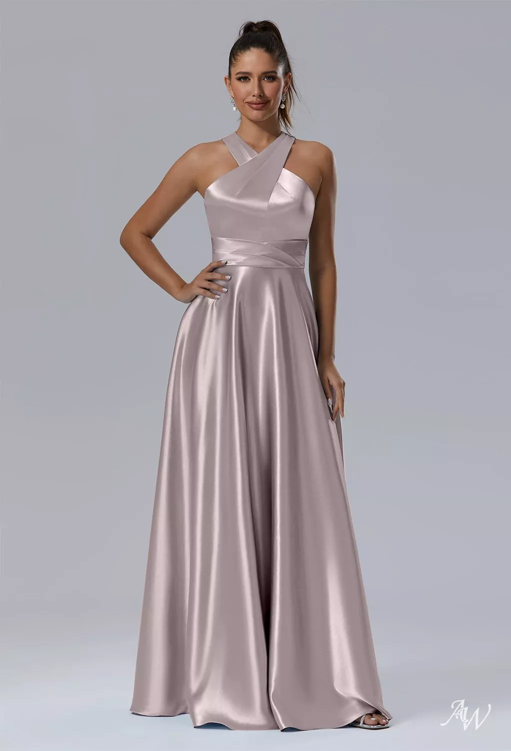 AW.Bridal A-Line Halter Neckline Floor Length Sleeveless Crystal Satin Long Bridesmaid Dresses Dress Taupe Size 6