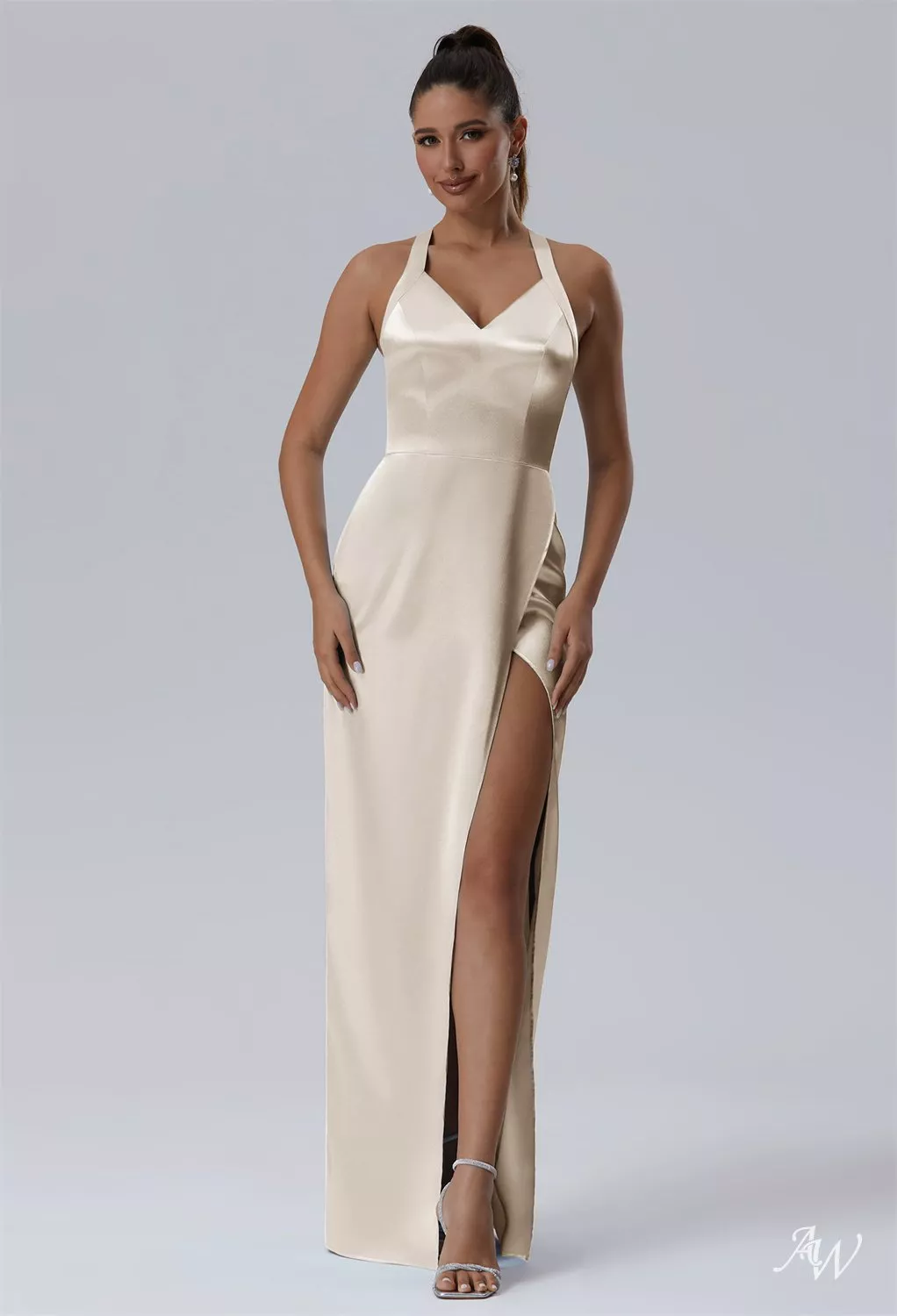 AW.Bridal Column Halter Neckline Sleeveless Spaghetti Straps Crystal Satin Split Crisscross Back Long Bridesmaid Dresses Dress Champagne Size 18