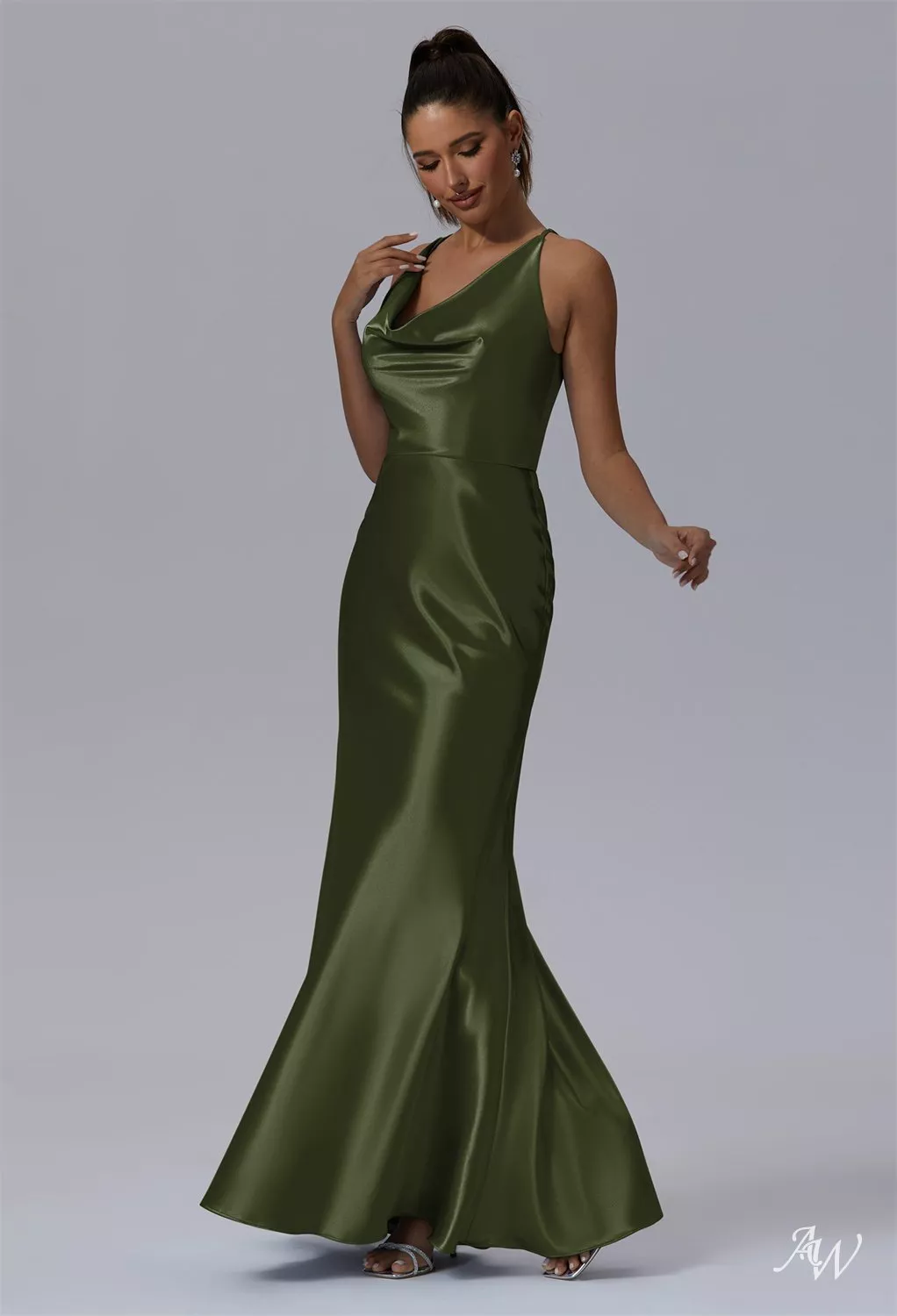 green satin dress cowl neck Green Silk Cowl Neck Midi Dress