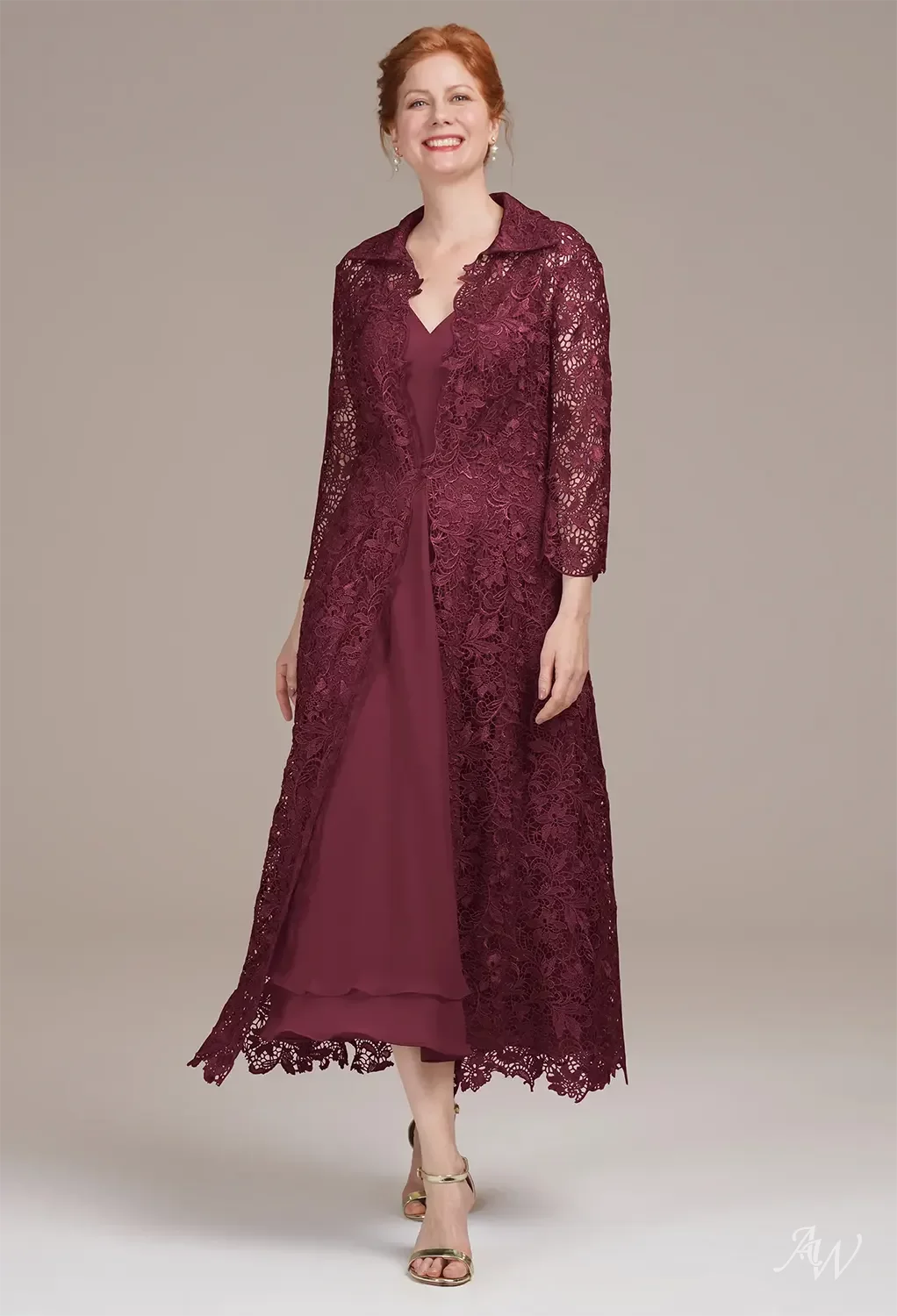 AW.Bridal A-line V-Neck Tea Length 3/4 Sleeves Mother of the Bride Dresses Dress Burgundy Size 18