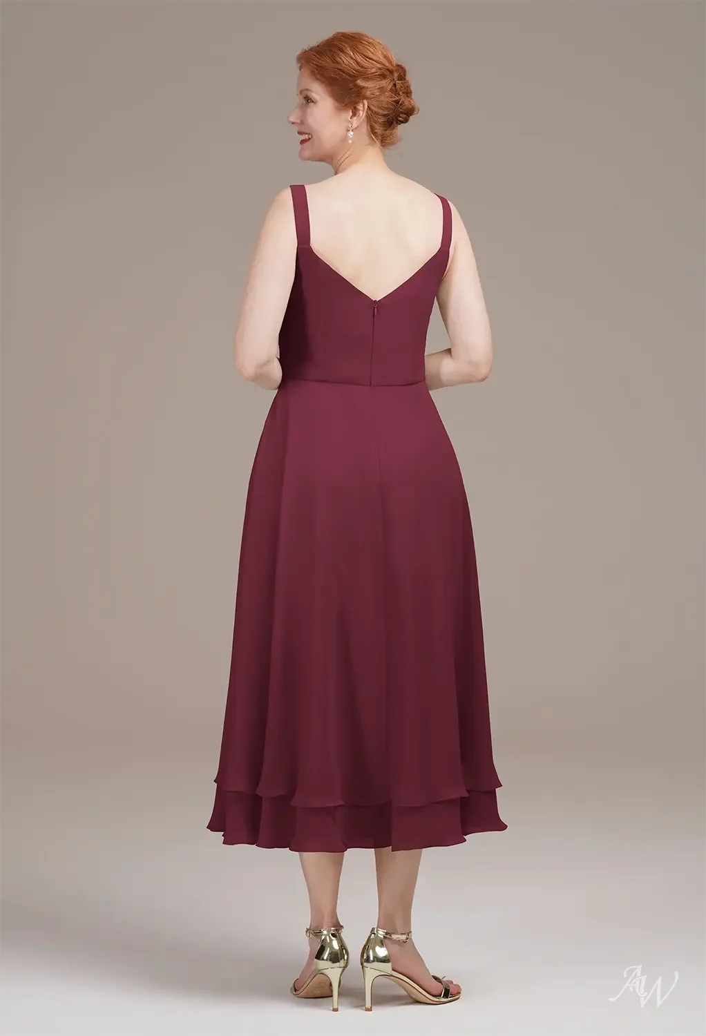 AW.Bridal A-line V-Neck Tea Length 3/4 Sleeves Mother of the Bride Dresses Dress Burgundy Size 18