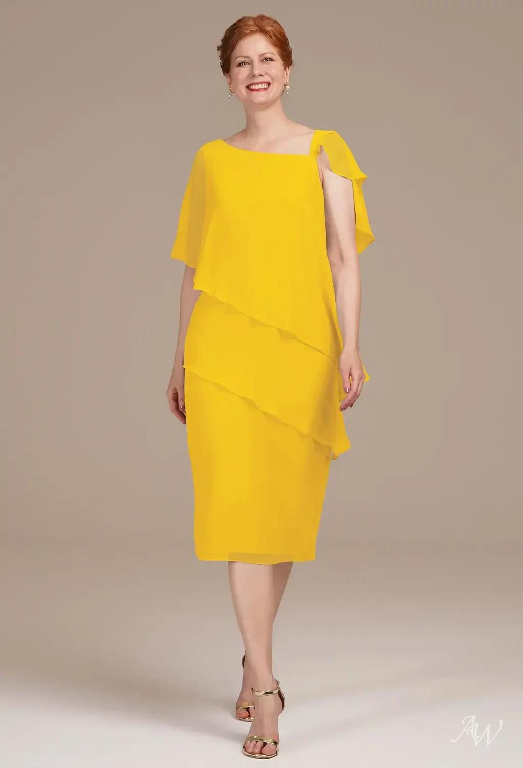 AW.Bridal Column One Shoulder Tea Length Short Sleeves Mother of the Bride Dresses Dress Mustard Yellow Size 8