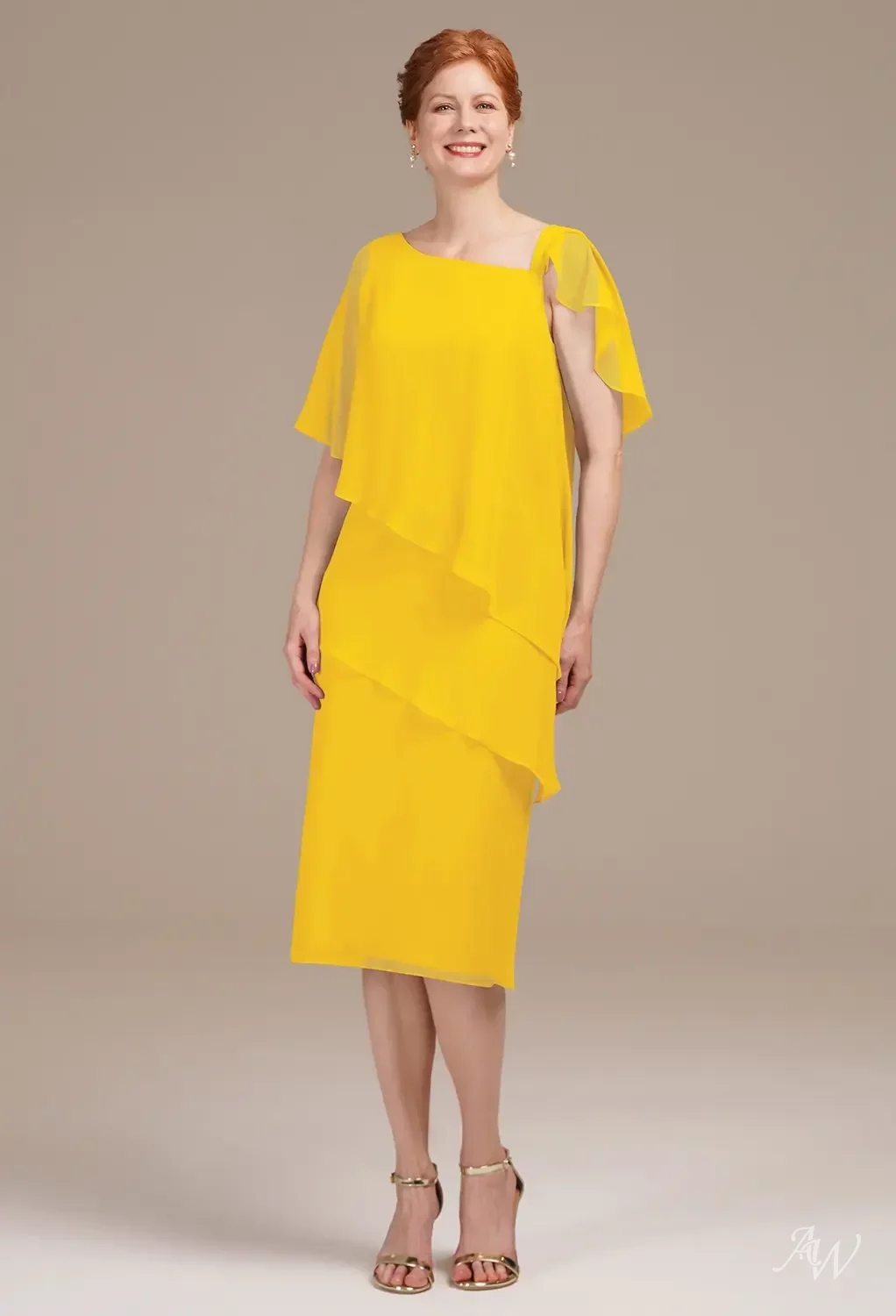 mustard yellow sheath dress AW.Bridal Column One Shoulder Tea Length Short Sleeves Mother of the Bride Dresses Dress Mustard Yellow Size 8