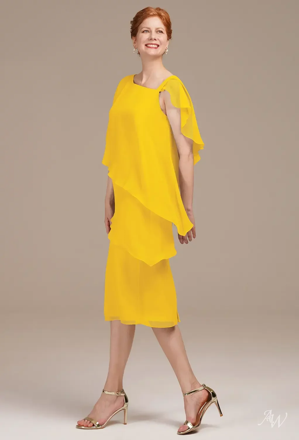 AW.Bridal Column One Shoulder Tea Length Short Sleeves Mother of the Bride Dresses Dress Mustard Yellow Size 8