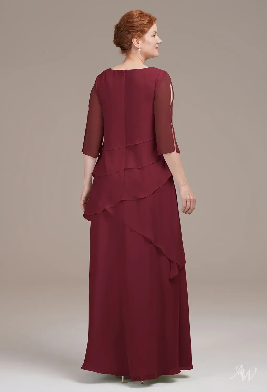 AW.Bridal A-line Bateau Neckline Floor Length 3/4 Sleeves Mother of the Bride Dresses Dress Burgundy Size 8