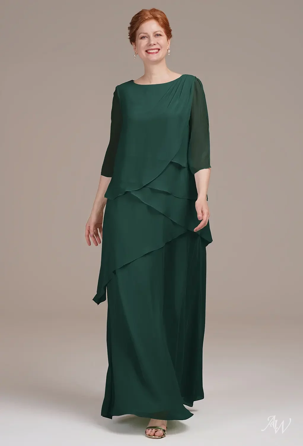 AW.Bridal A-Line Bateau Neckline Floor Length 3/4 Sleeves Chiffon Mother of The Bride Dresses Dark Emerald Size 18