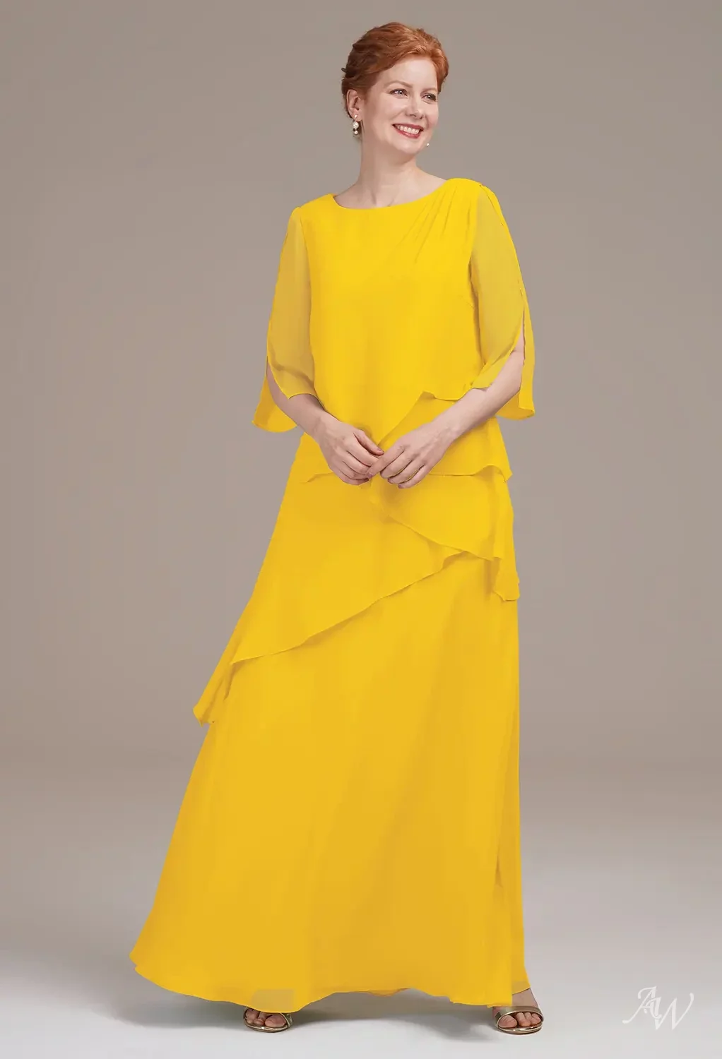 AW.Bridal A-Line Bateau Neckline Floor Length 3/4 Sleeves Chiffon Mother of The Bride Dresses Mustard Yellow Size 8