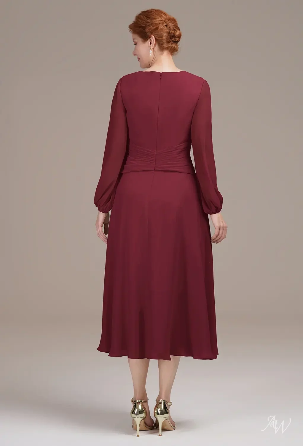 AW.Bridal A-line V-Neck Tea Length Long Sleeves Mother of the Bride Dresses Dress Burgundy Size 18