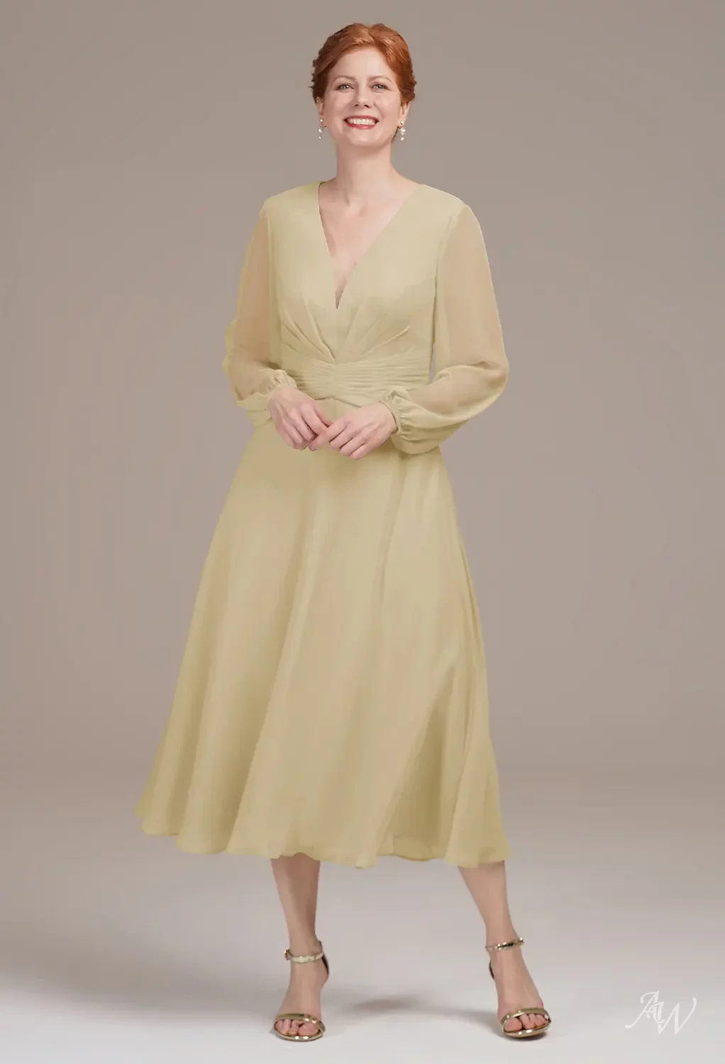 AW.Bridal A-Line V-Neck Tea Length Long Sleeves Mother of The Bride Dresses Dress Champagne Size 18