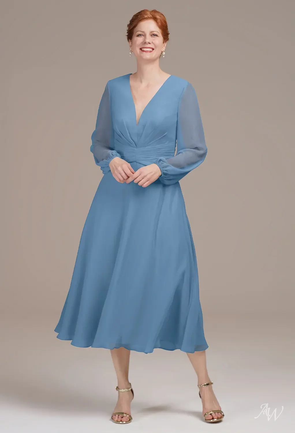 blue tea length mother of the bride dress MACloth Women Tea Length 3/4 Sleeve Boat Neck Mother Bride Dresses Bri main image 0