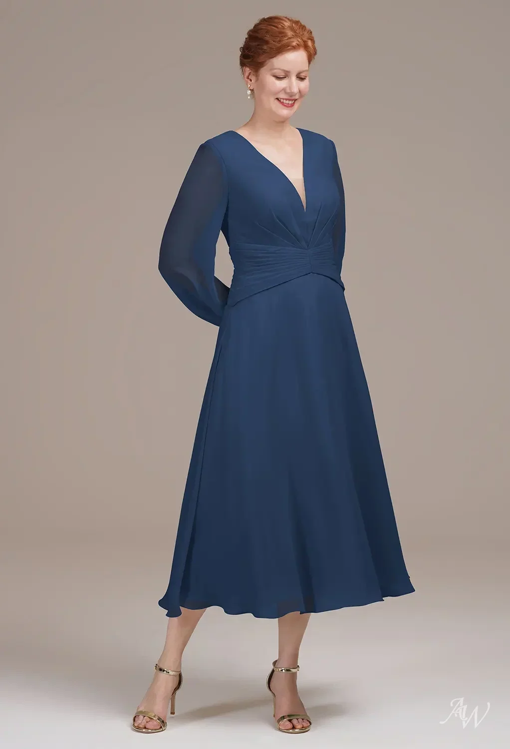 navy blue tea length mother of the bride dress A-Line Midi Chiffon Blue Mother of the Bride Dress COCOMELODY CM0264, Silver Cloud main image 1