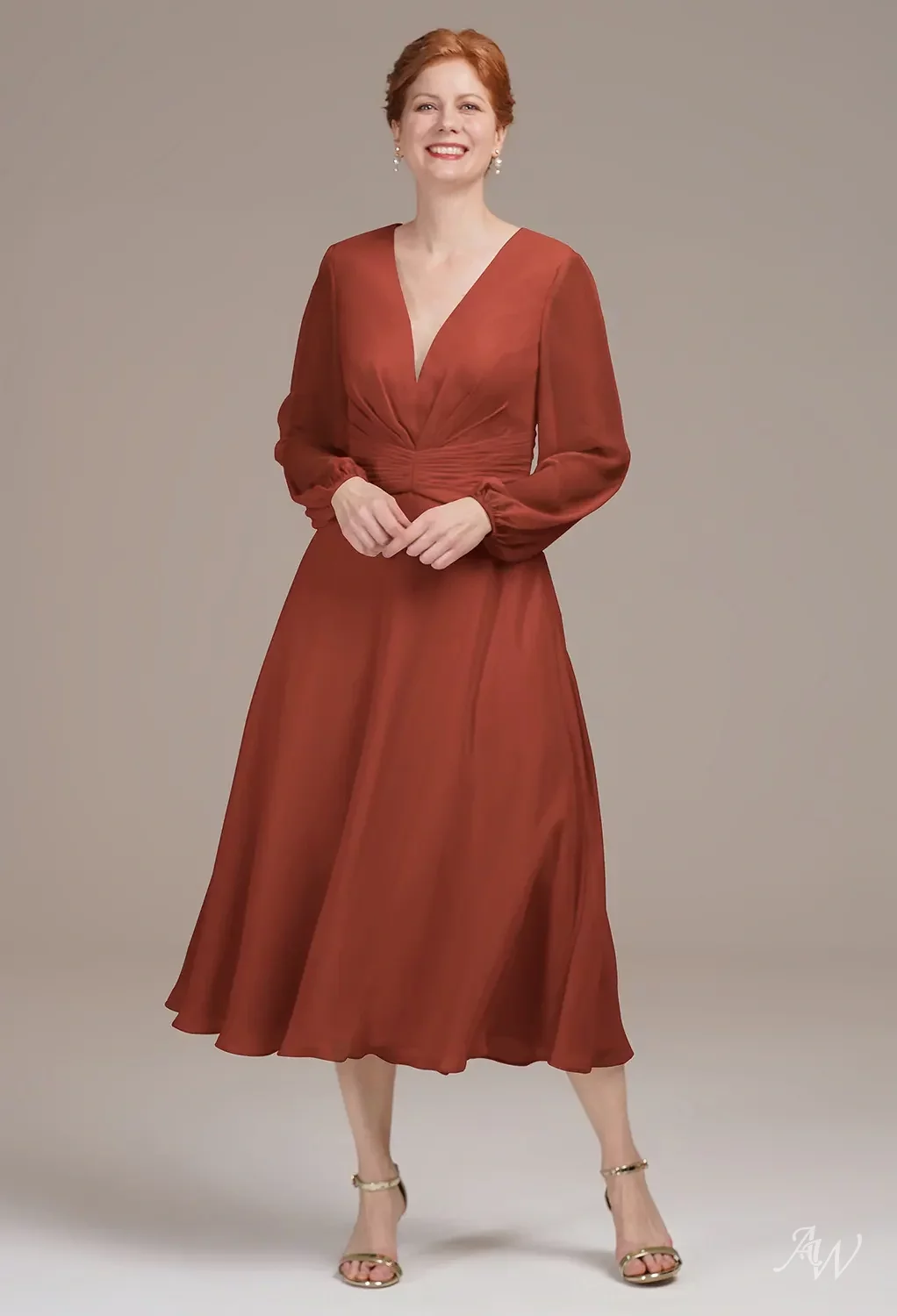 brown tea length mother of the bride dresses Chocolate Brown Mother Of The Bride Dresses A-Line Appliques 3/4 Sleeves V-Neck Tea-Length Chiffon Mother Of The Bride Dress