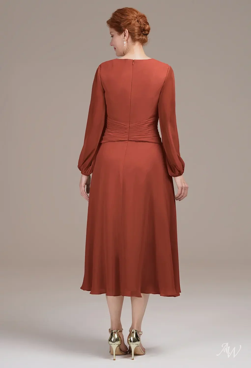 AW.Bridal A-line V-Neck Tea Length Long Sleeves Mother of the Bride Dresses Dress Rust Size 8