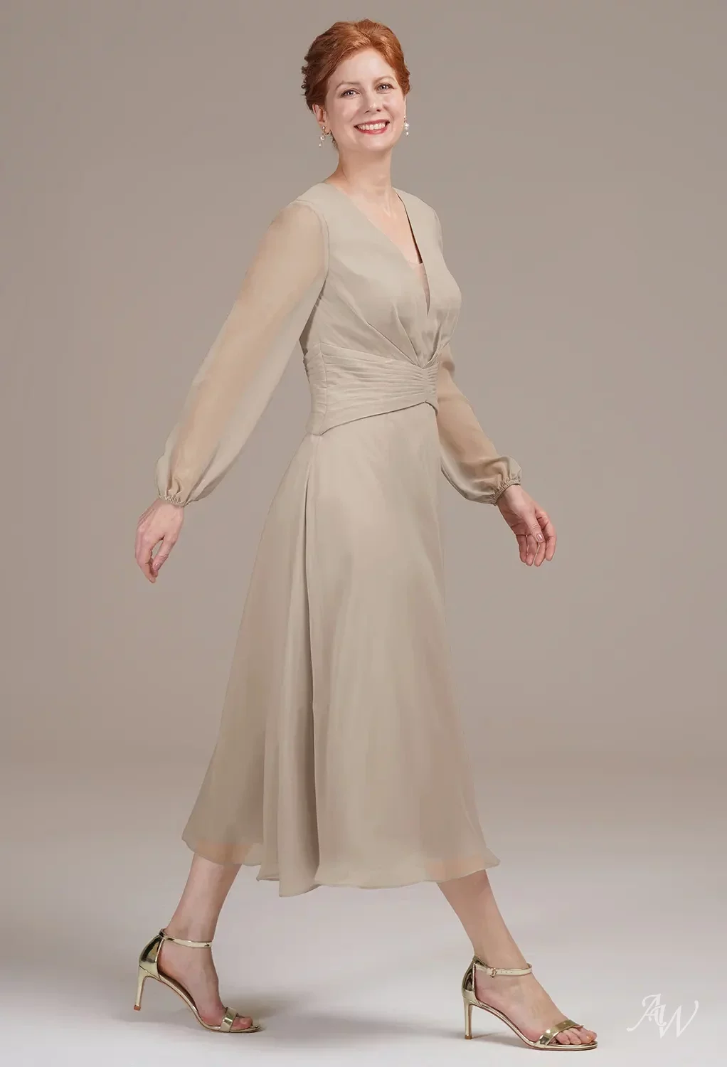 AW.Bridal A-Line V-Neck Tea Length Long Sleeves Mother of The Bride Dresses Dress Taupe Size 18