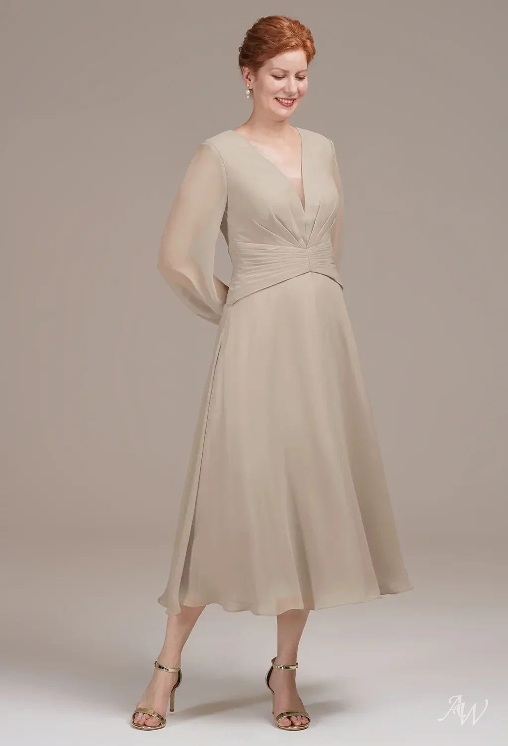 AW.Bridal A-Line V-Neck Tea Length Long Sleeves Mother of The Bride Dresses Dress Taupe Size 18