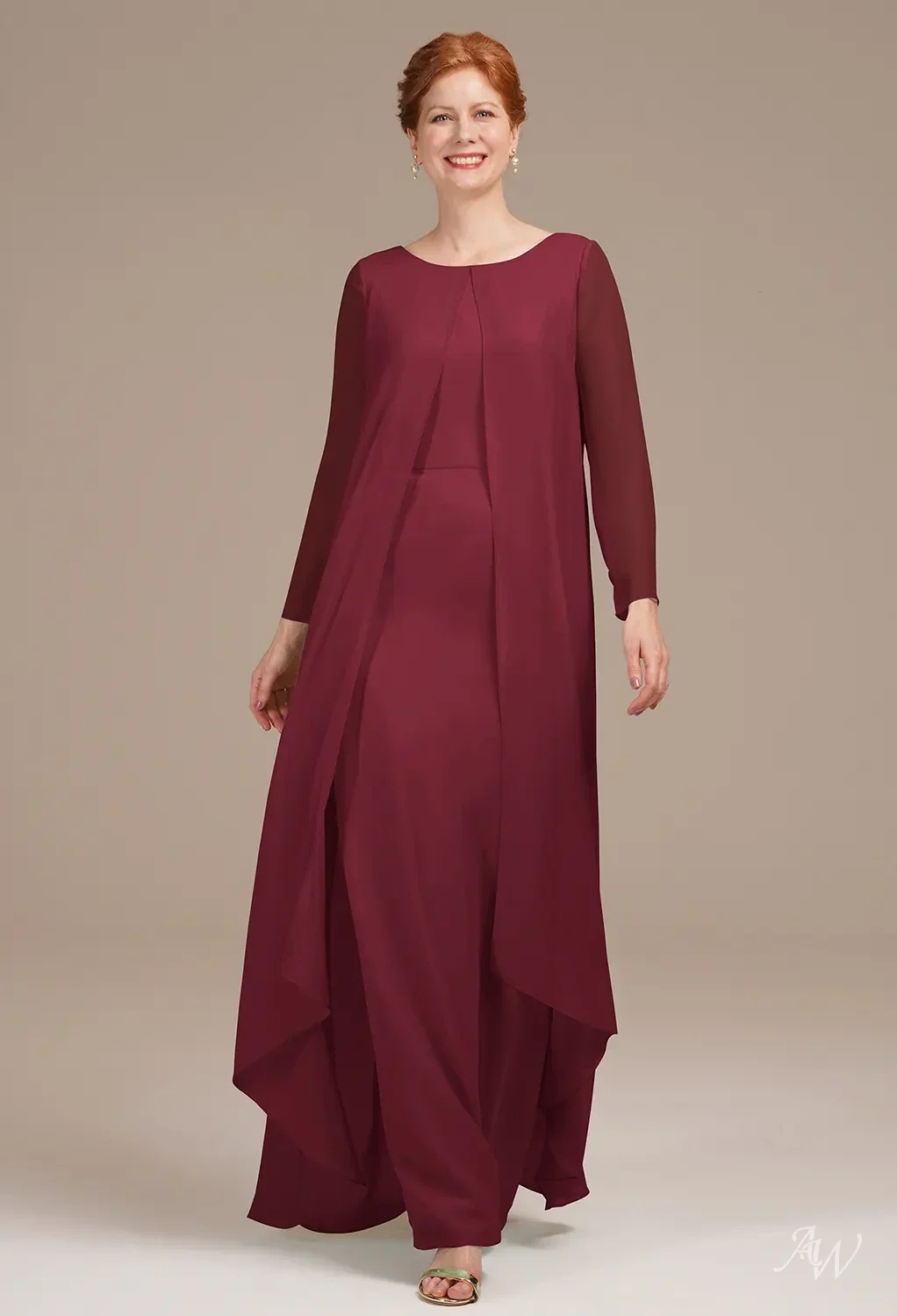 AW.Bridal Column Bateau Neckline Floor Length Long Sleeves Mother of the Bride Dresses Dress Burgundy Size 8