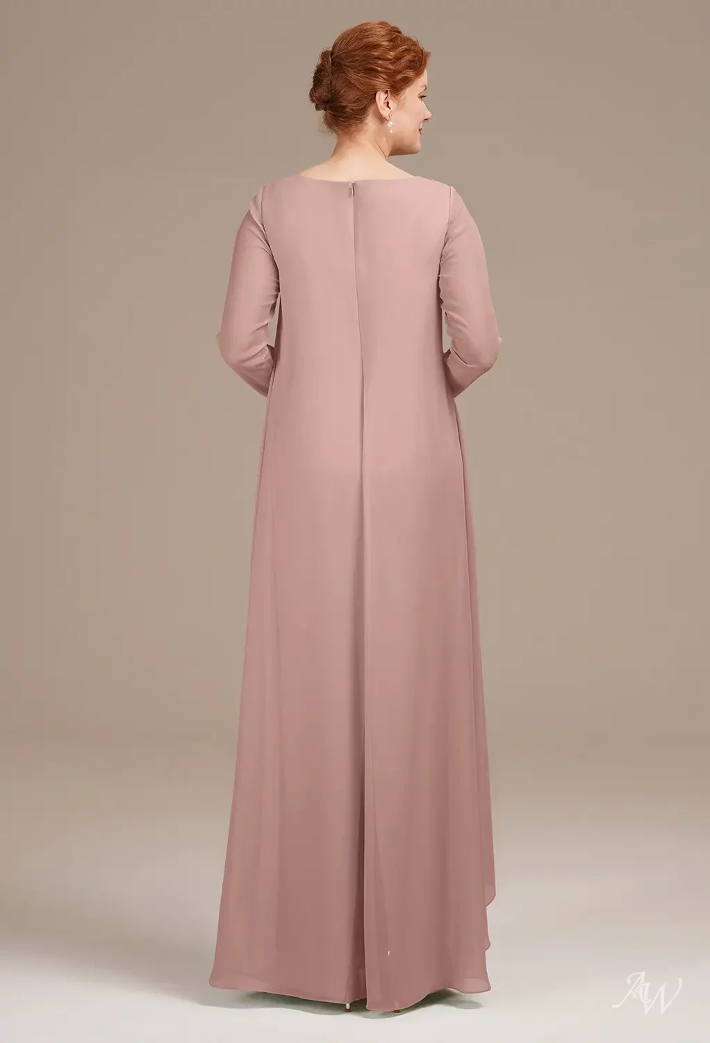 AW.Bridal Column Bateau Neckline Floor Length Long Sleeves Mother of the Bride Dresses Dress Dusty Rose Size 18