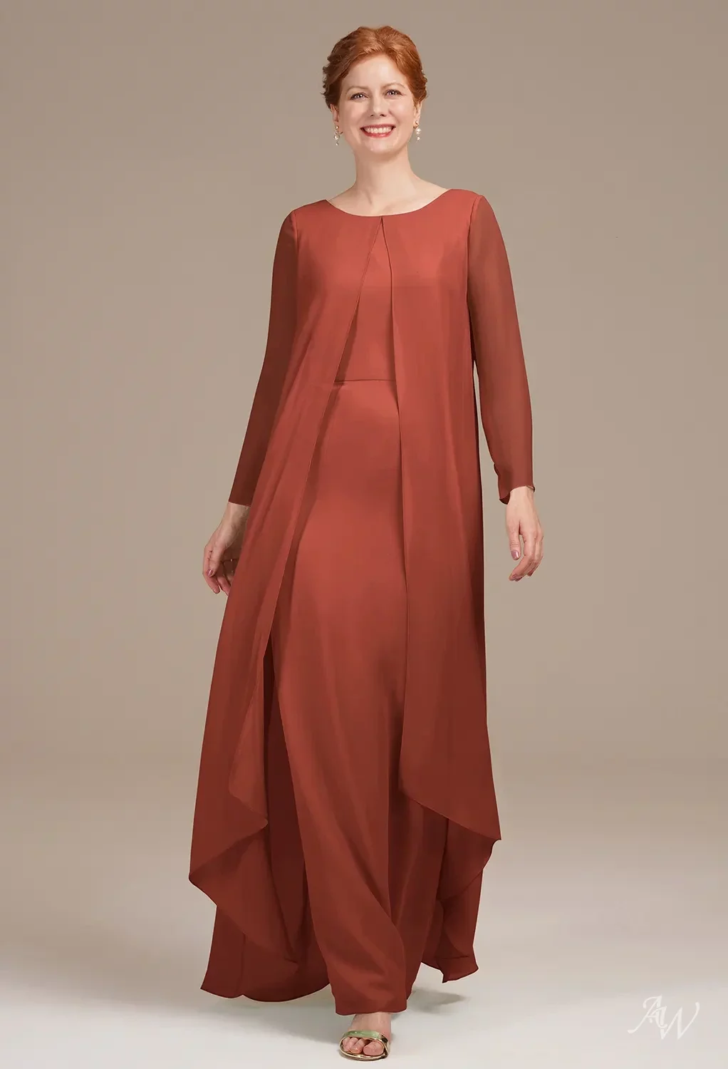 AW.Bridal Column Bateau Neckline Floor Length Long Sleeves Mother of the Bride Dresses Dress Rust Size 18