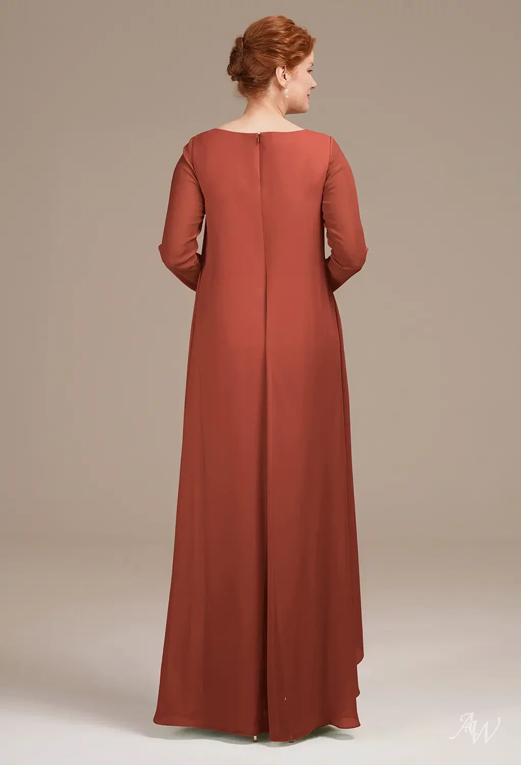 AW.Bridal Column Bateau Neckline Floor Length Long Sleeves Mother of the Bride Dresses Dress Rust Size 18