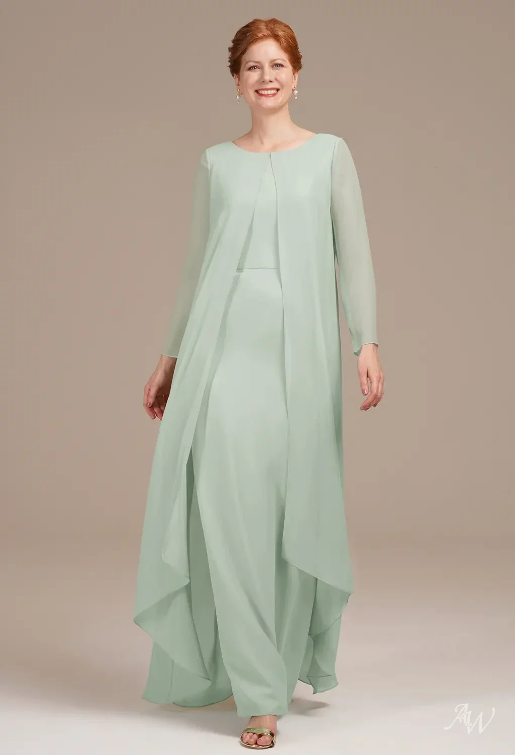 plus sage green mother of the bride dress Long Sleeves Boat Neck Dusty Sage 2-Piece Mother of the Bride Dress US14 / Dusty Sage main image 0