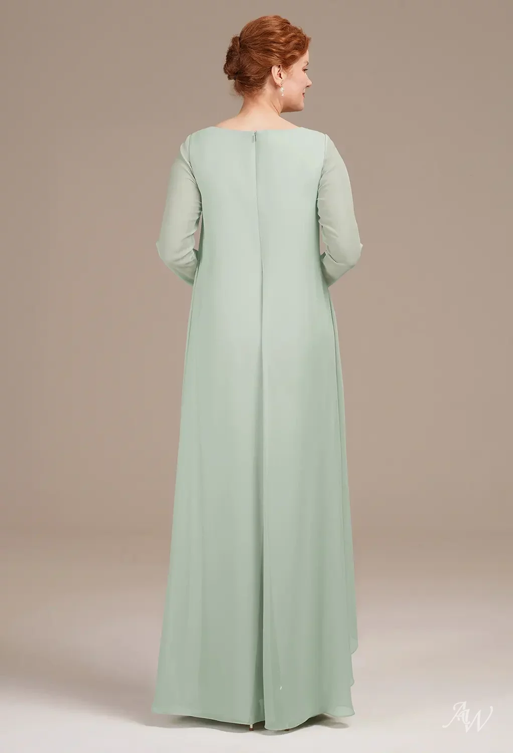AW.Bridal Column Bateau Neckline Floor Length Long Sleeves Mother of the Bride Dresses Dress Sage Green Size 8