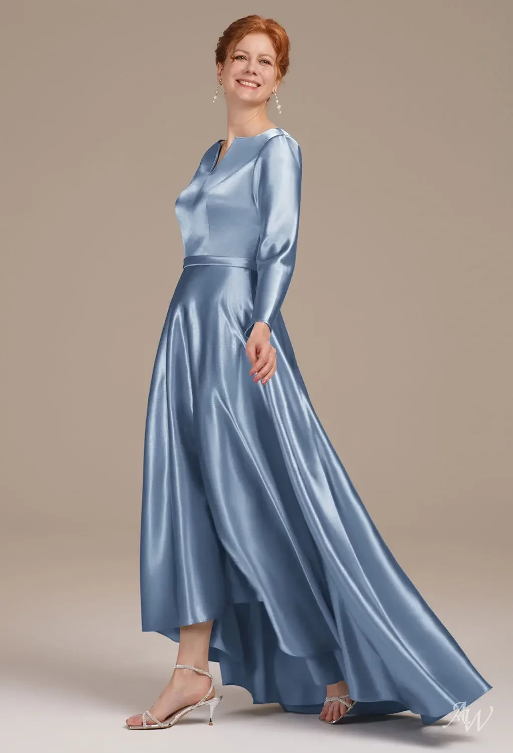 mother of the bride dress dusty blue AW.Bridal A-line V-Neck Hi Lo Long Sleeves Crystal Satin Dresses Size 8 womens-spring-collection New Princess Ariel Little Size:US30 The elegant dusty blue