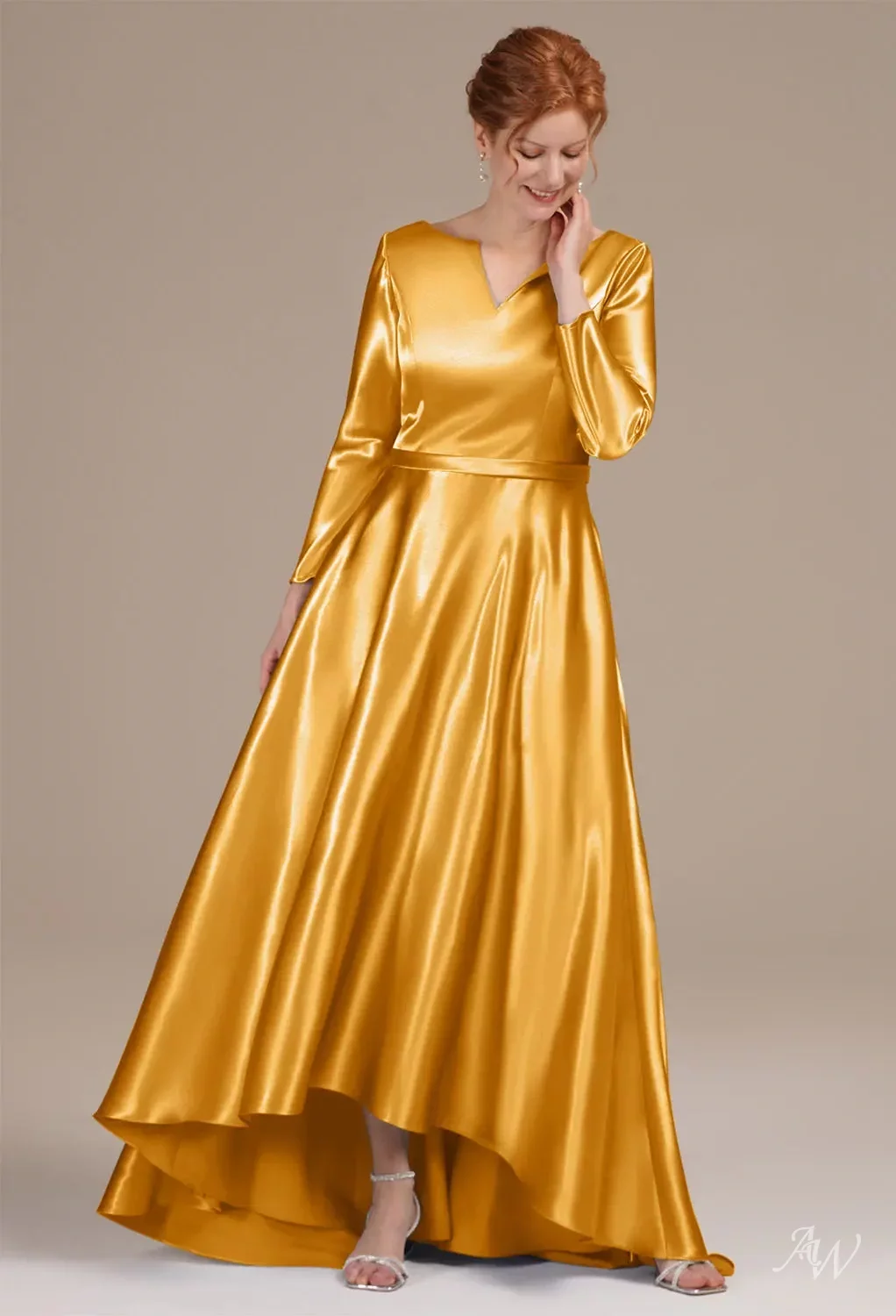 AW Presto Dress, Blue Ashes Crystal Satin Hi Lo V-Neck Mother of the Bride  Dresses | AW.Bridal