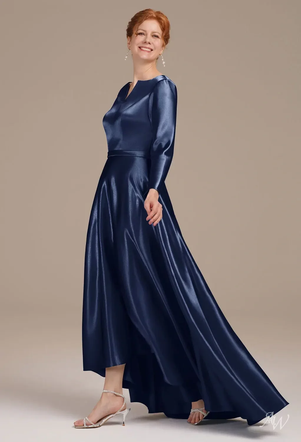 AW.Bridal A-line V-Neck Hi Lo Long Sleeves Crystal Satin Mother of the Bride Dresses Dress Navy Size 8