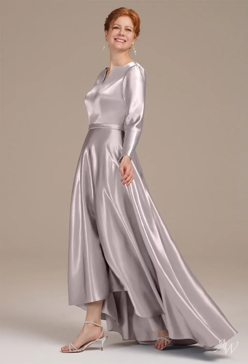 AW.Bridal A-Line V-Neck Hi Lo Long Sleeves Crystal Satin Mother of The Bride Dresses Dress Taupe Size 18