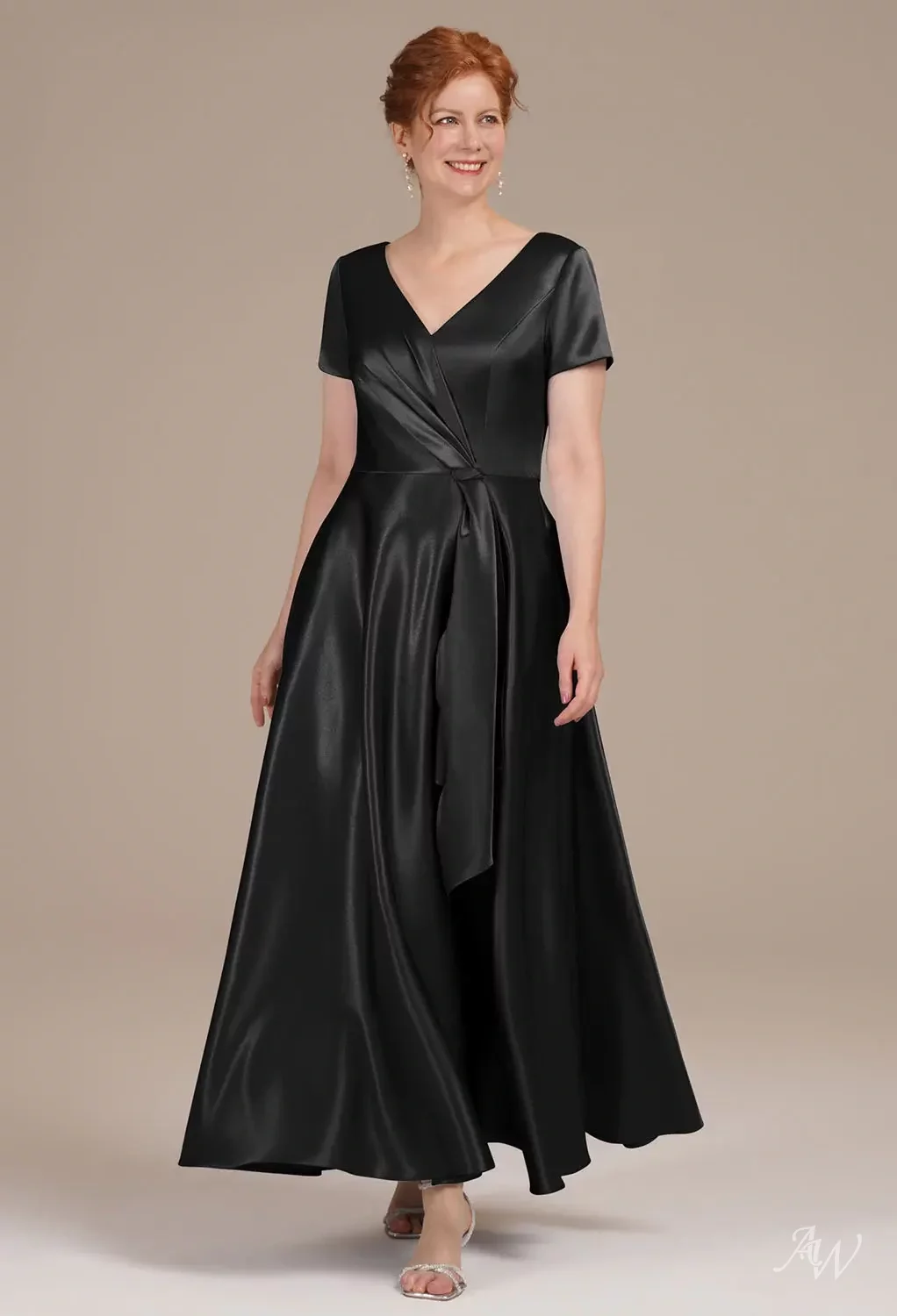 AW.Bridal A-line V-Neck Ankle Length Short Sleeves Crystal Satin Mother of the Bride Dresses Dress Black Metallic Size 8