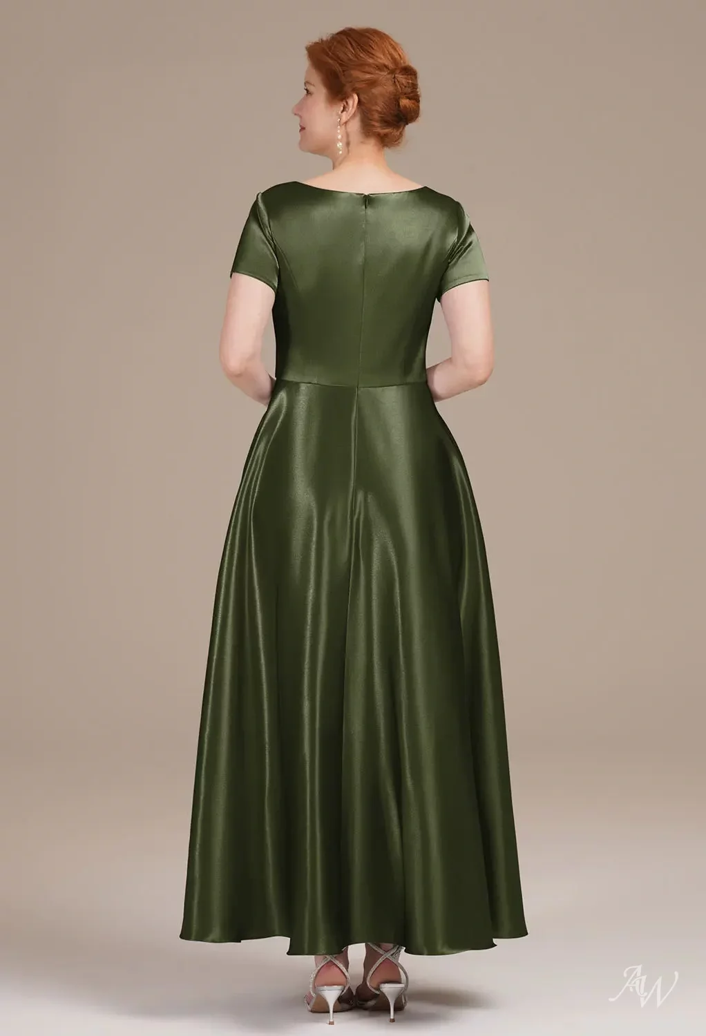 AW.Bridal A-line V-Neck Ankle Length Short Sleeves Crystal Satin Mother of the Bride Dresses Dress Green Olive Size 8