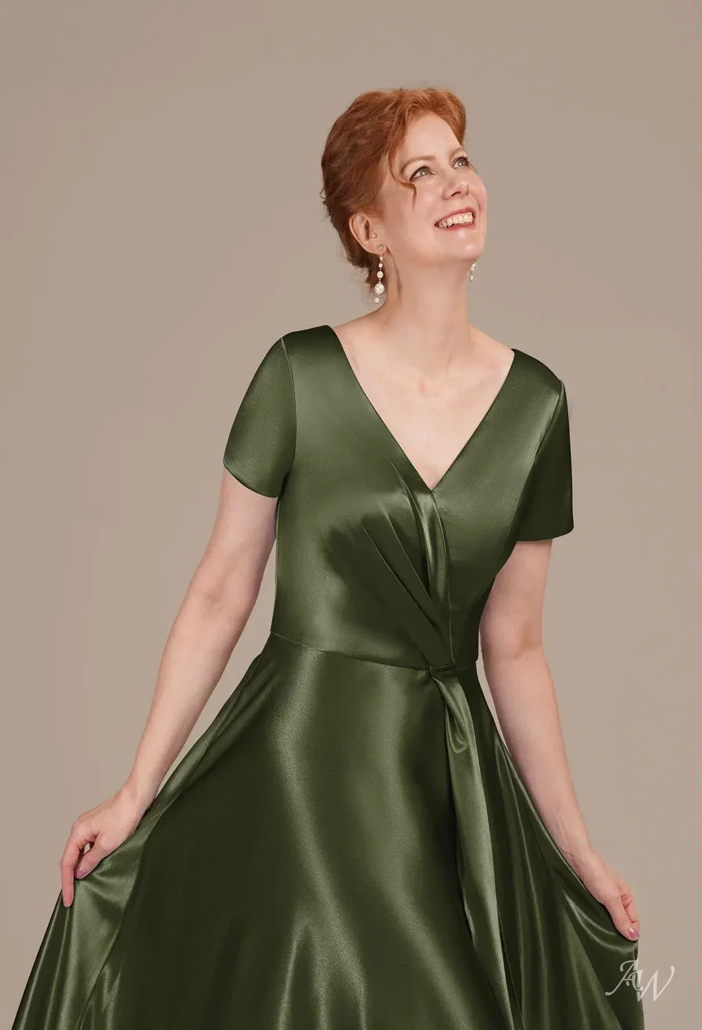 AW.Bridal A-Line V-Neck Ankle Length Short Sleeves Crystal Satin Mother of The Bride Dresses Dress Green Olive Size 8