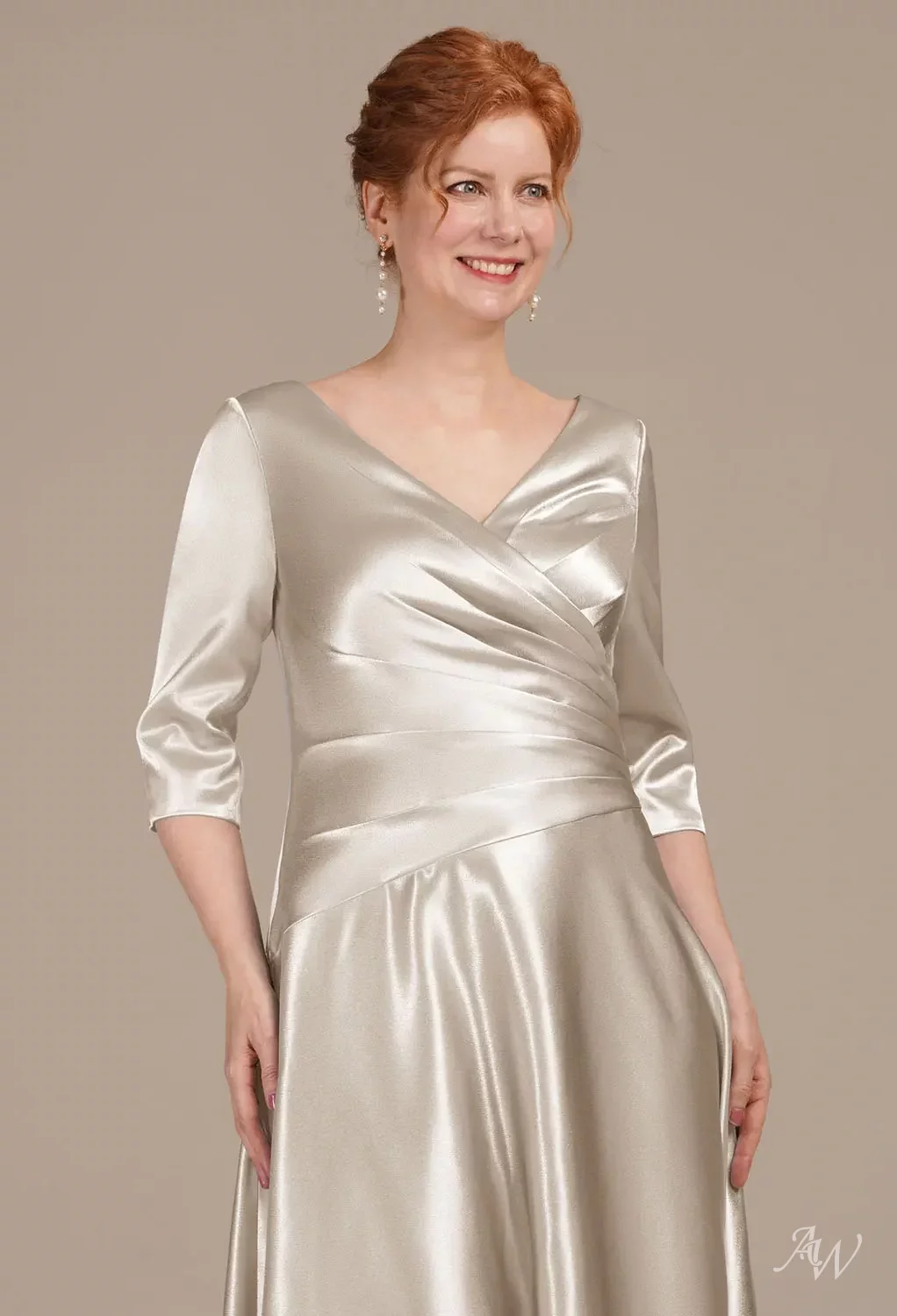 AW.Bridal A-Line V-Neck Ankle Length Short Sleeves Crystal Satin Mother of The Bride Dresses Dress Champagne Size 18