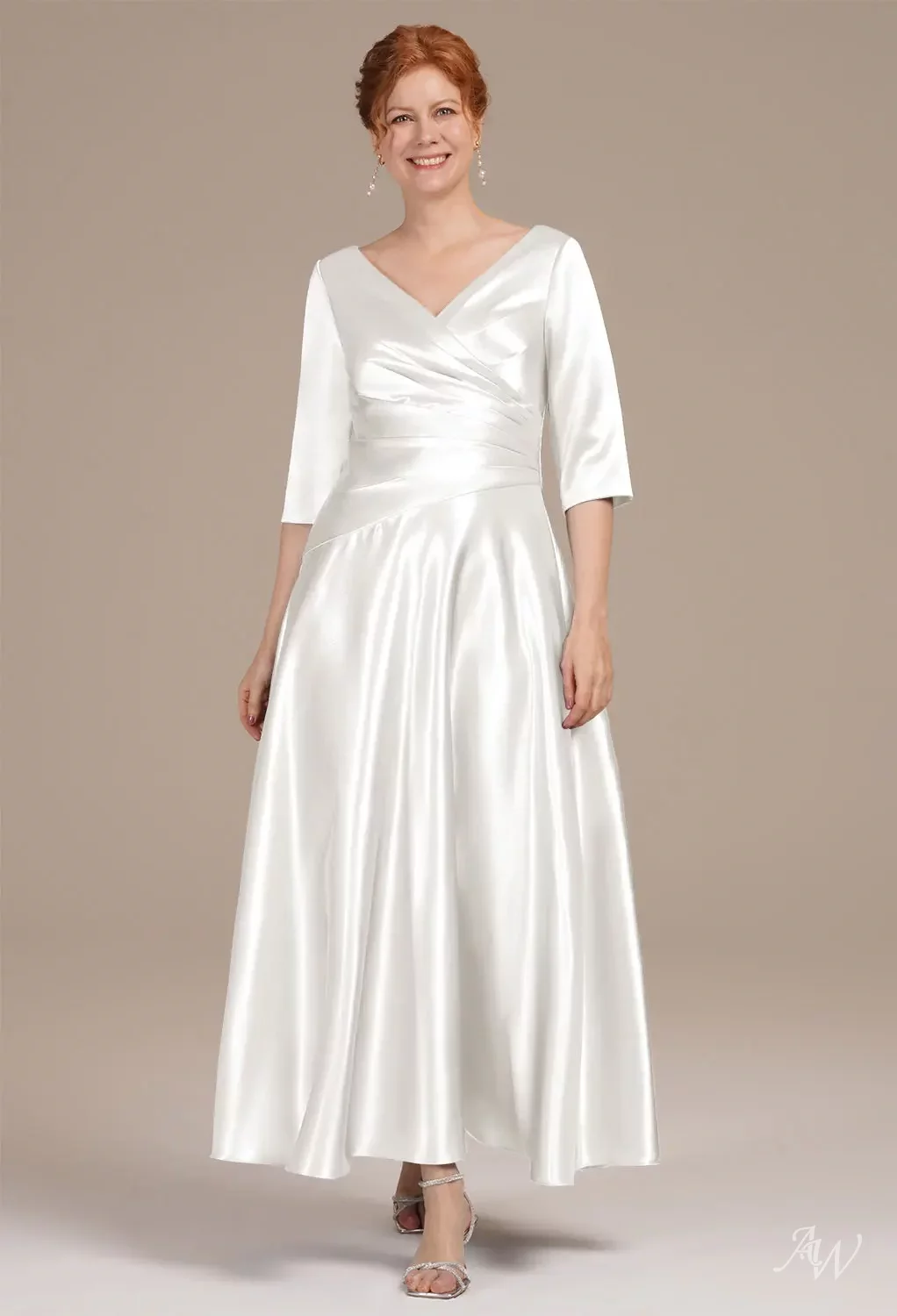 AW.Bridal A-line V-Neck Ankle Length Short Sleeves Crystal Satin Mother of the Bride Dresses Ivory Size 18