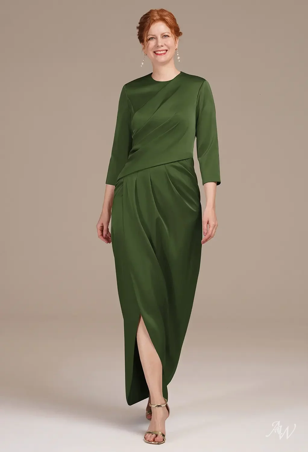 seed green dress AW.Bridal Column Bateau Neckline Hi Lo 3/4 Sleeves Satin Mother of the Bride Dresses Dress Sage Green Size 8