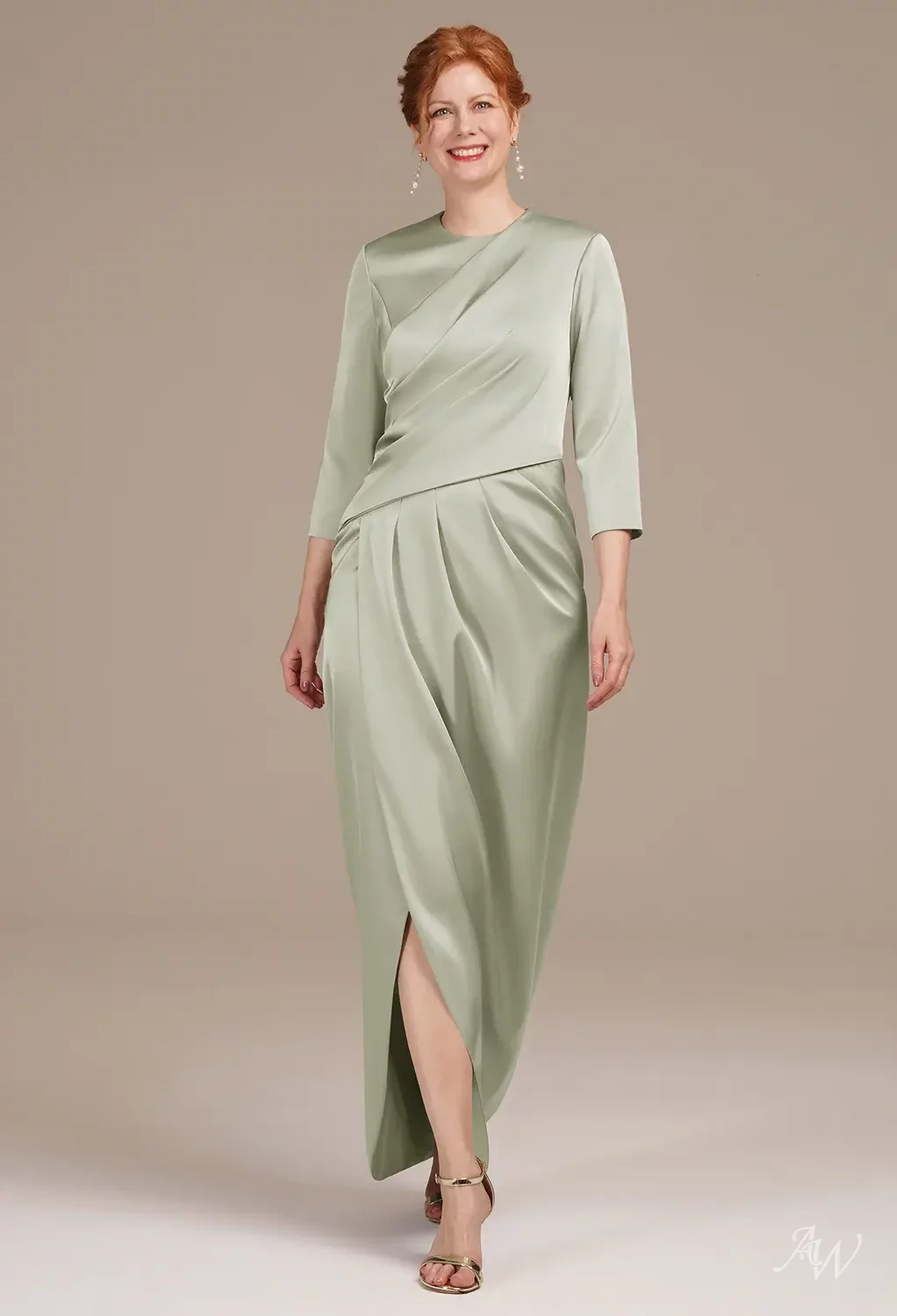 seed green dress AW.Bridal Column Bateau Neckline Hi Lo 3/4 Sleeves Satin Mother of the Bride Dresses Dress Sage Green Size 8