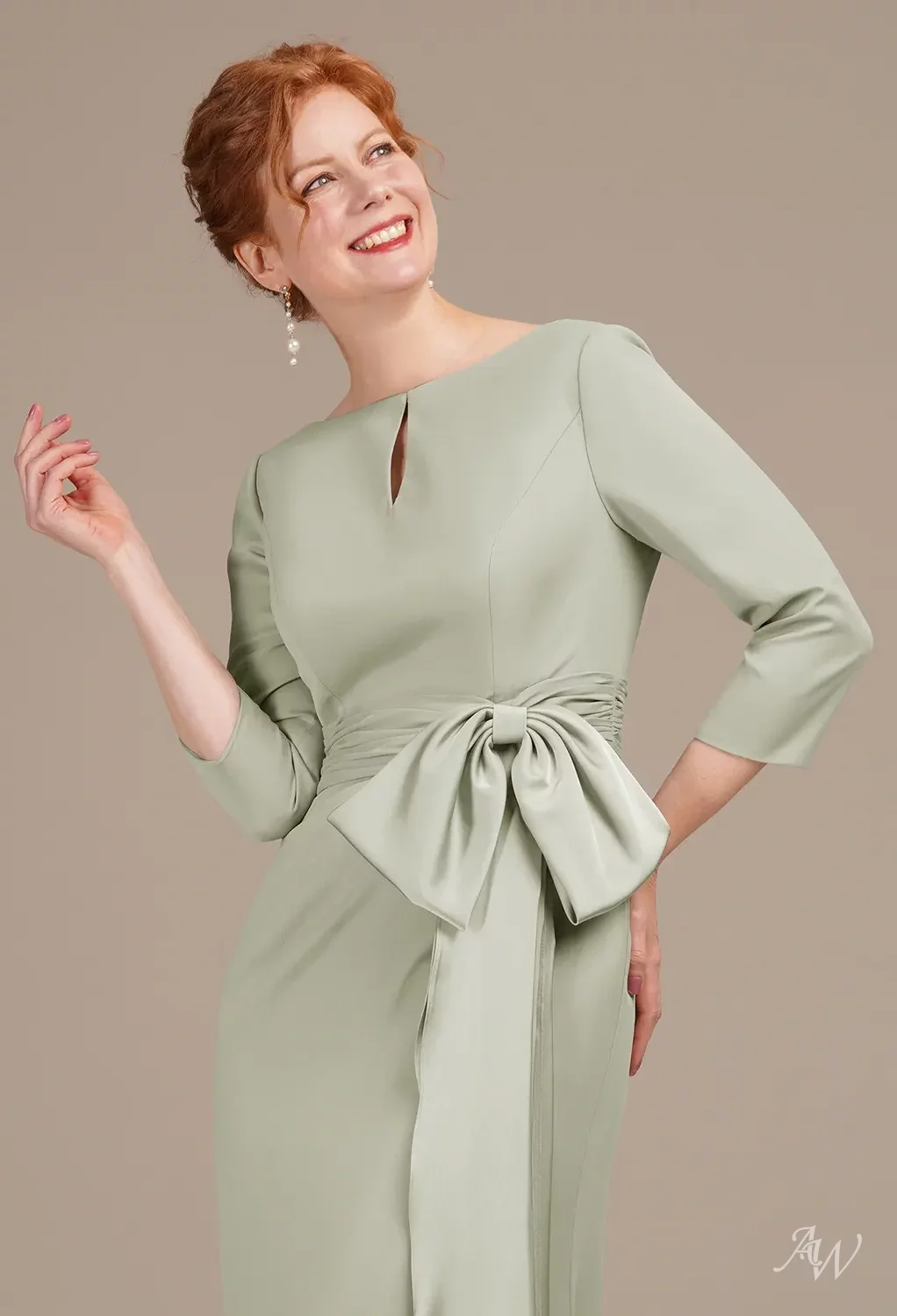 AW.Bridal Mermaid Bateau Neckline Floor Length 3/4 Sleeves Satin Charmeuse Mother of the Bride Dresses Sage Green Size 8
