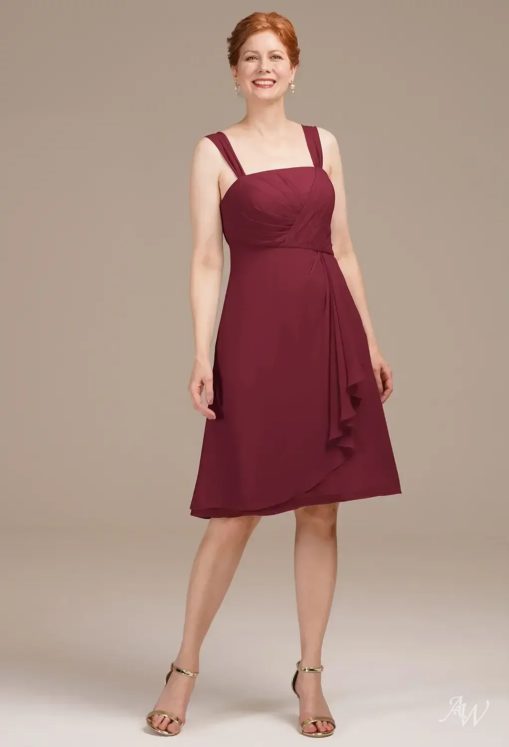 AW.Bridal A-line Square Neckline Knee Length Long Sleeves Mother of the Bride Dresses Dress Burgundy Size 8