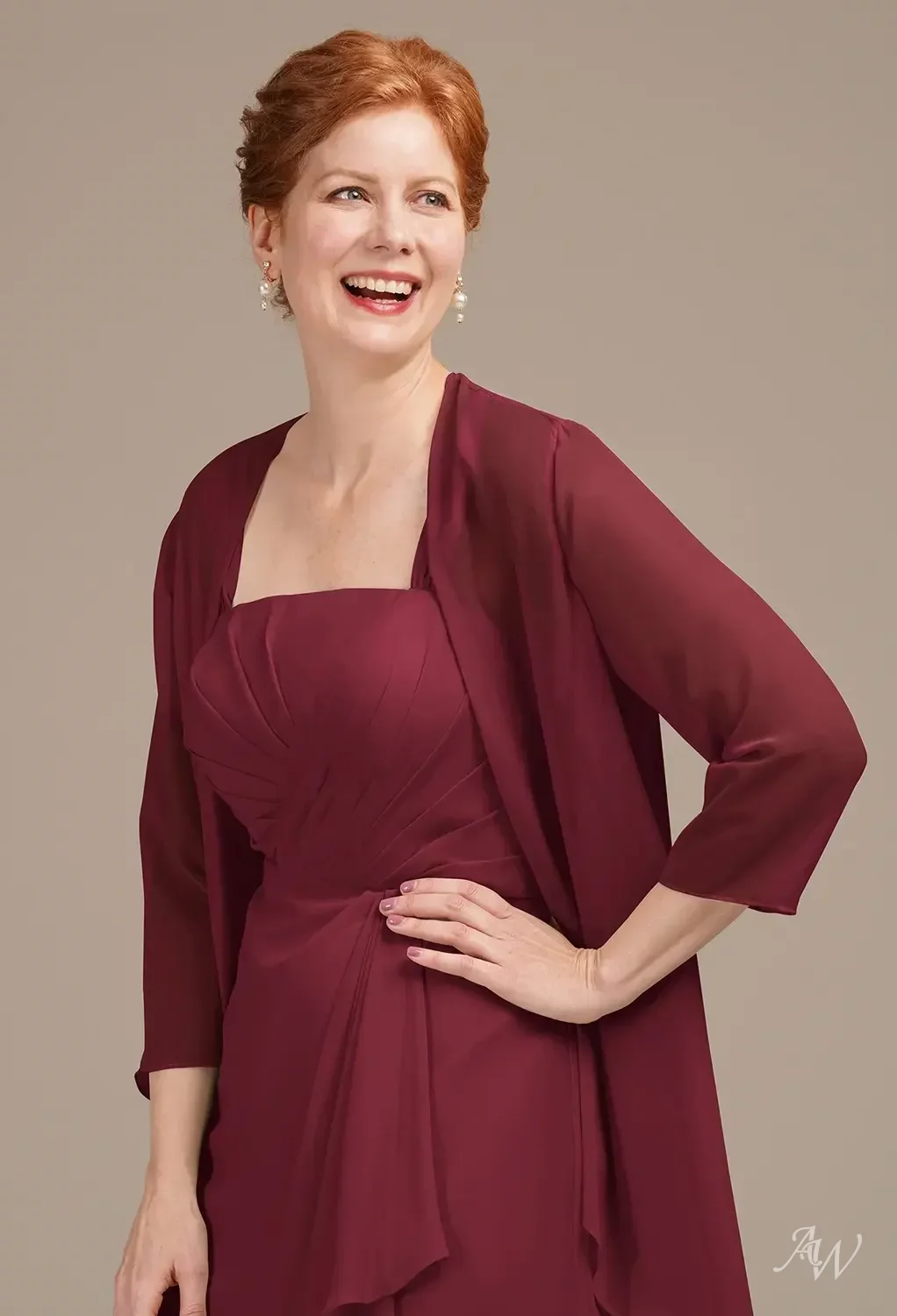 AW.Bridal A-line Square Neckline Knee Length Long Sleeves Mother of the Bride Dresses Dress Burgundy Size 8