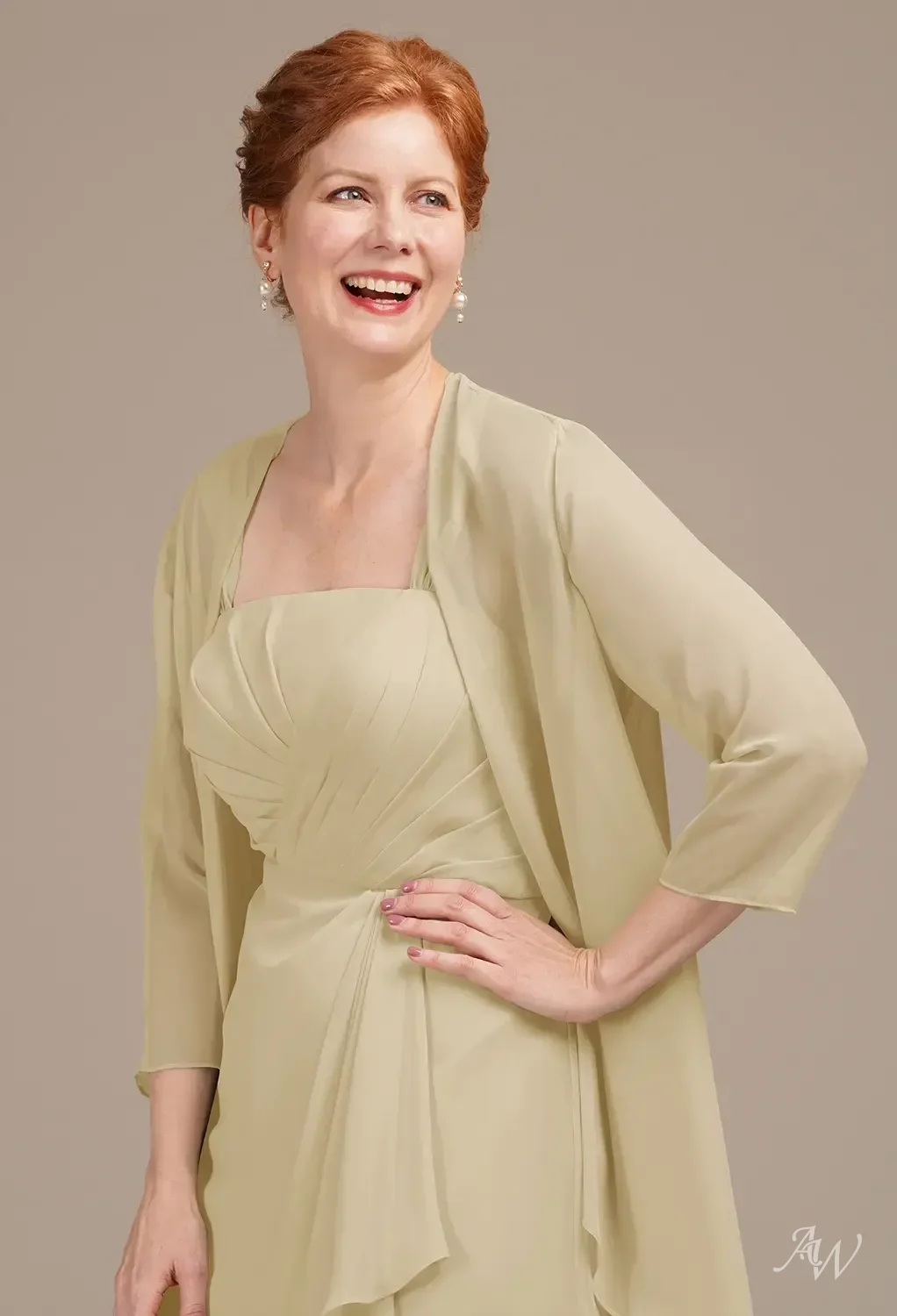 champagne knee length mother of the bride dresses AW.Bridal A-line Square Neckline Long Sleeves Dress Size 8 Blue White