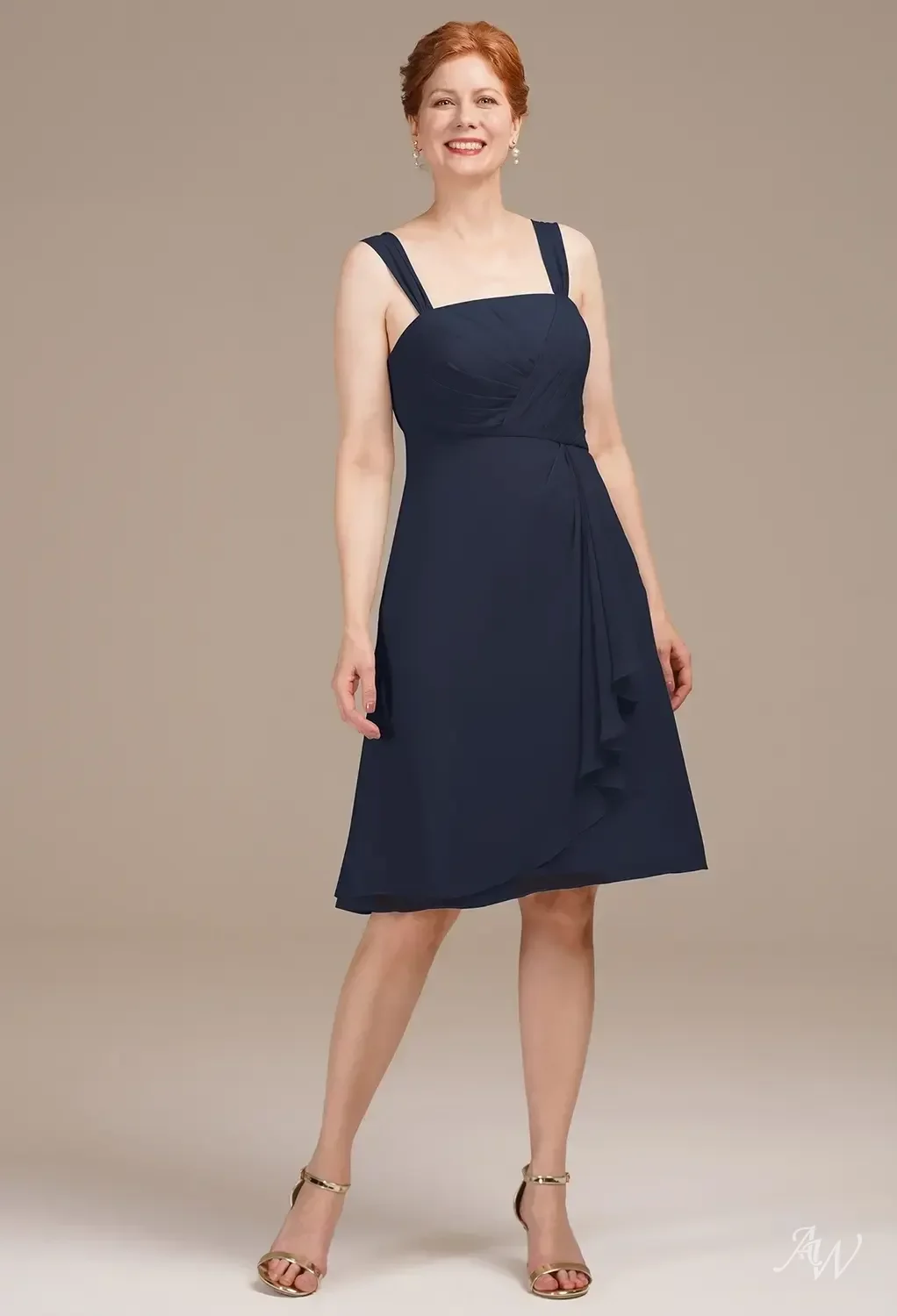 AW.Bridal A-line Square Neckline Knee Length Long Sleeves Mother of the Bride Dresses Dress Dark Navy Size 8