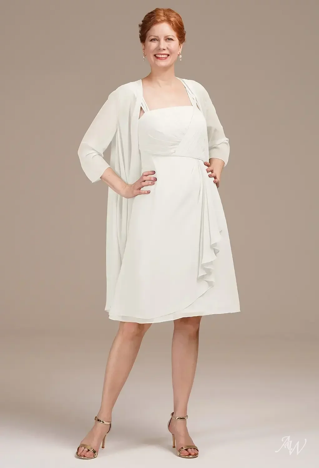 knee length long sleeve mother of the bride dresses AW.Bridal A-line Square Neckline Sleeves Dress Ivory Size 18 PRESPRING26/1