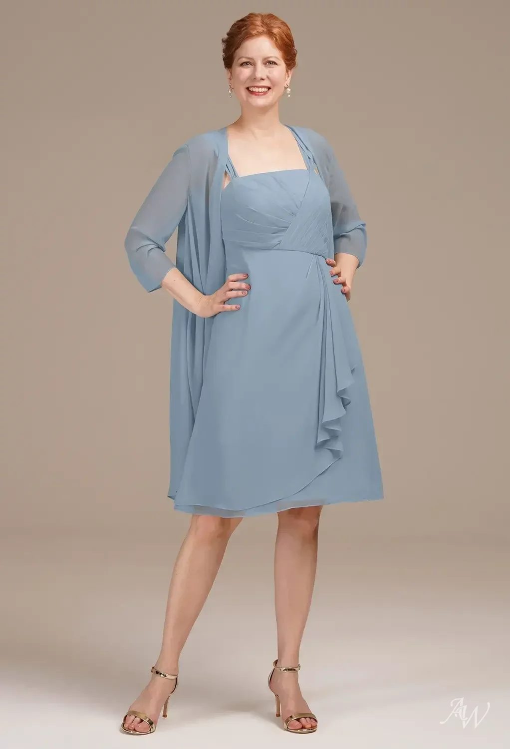 AW.Bridal A-line Square Neckline Knee Length Long Sleeves Mother of the Bride Dresses Dress Light Dusty Blue Size 8