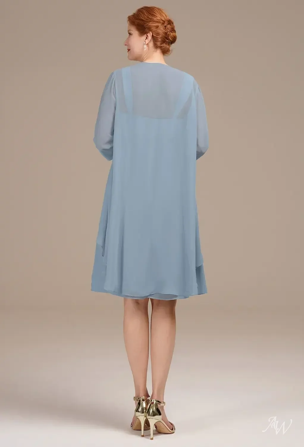light blue knee length dress with sleeves AW.Bridal A-line Square Neckline Long Mother of the Bride Dresses Dusty Size 8 NOV.2025