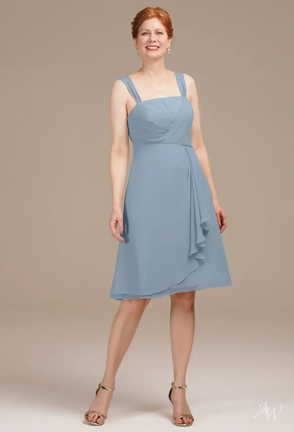 AW.Bridal A-line Square Neckline Knee Length Long Sleeves Mother of the Bride Dresses Dress Light Dusty Blue Size 8
