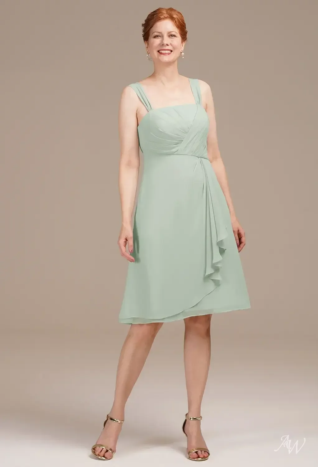 knee length sage green dress AW.Bridal A-line Square Neckline Long Sleeves Mother of the Bride Dresses Size 8 sage green semi formal dress